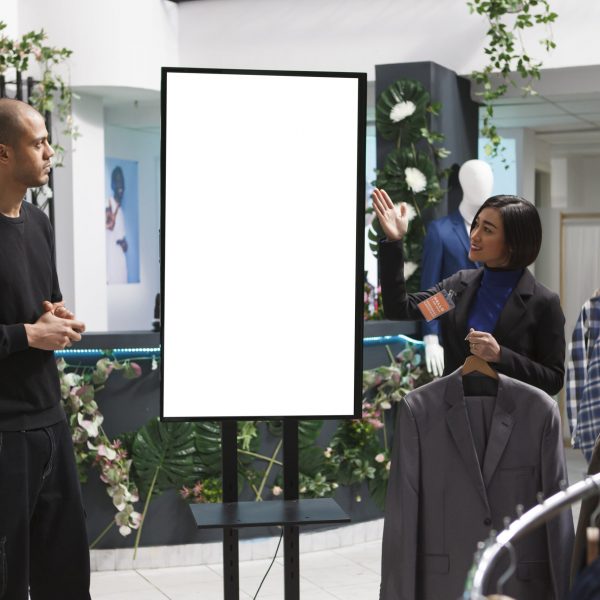 Boutique assistant guiding customer through blank interactive whiteboard mockup showcasing clothing collection. Store asian woman employee showing arab man client white ads display